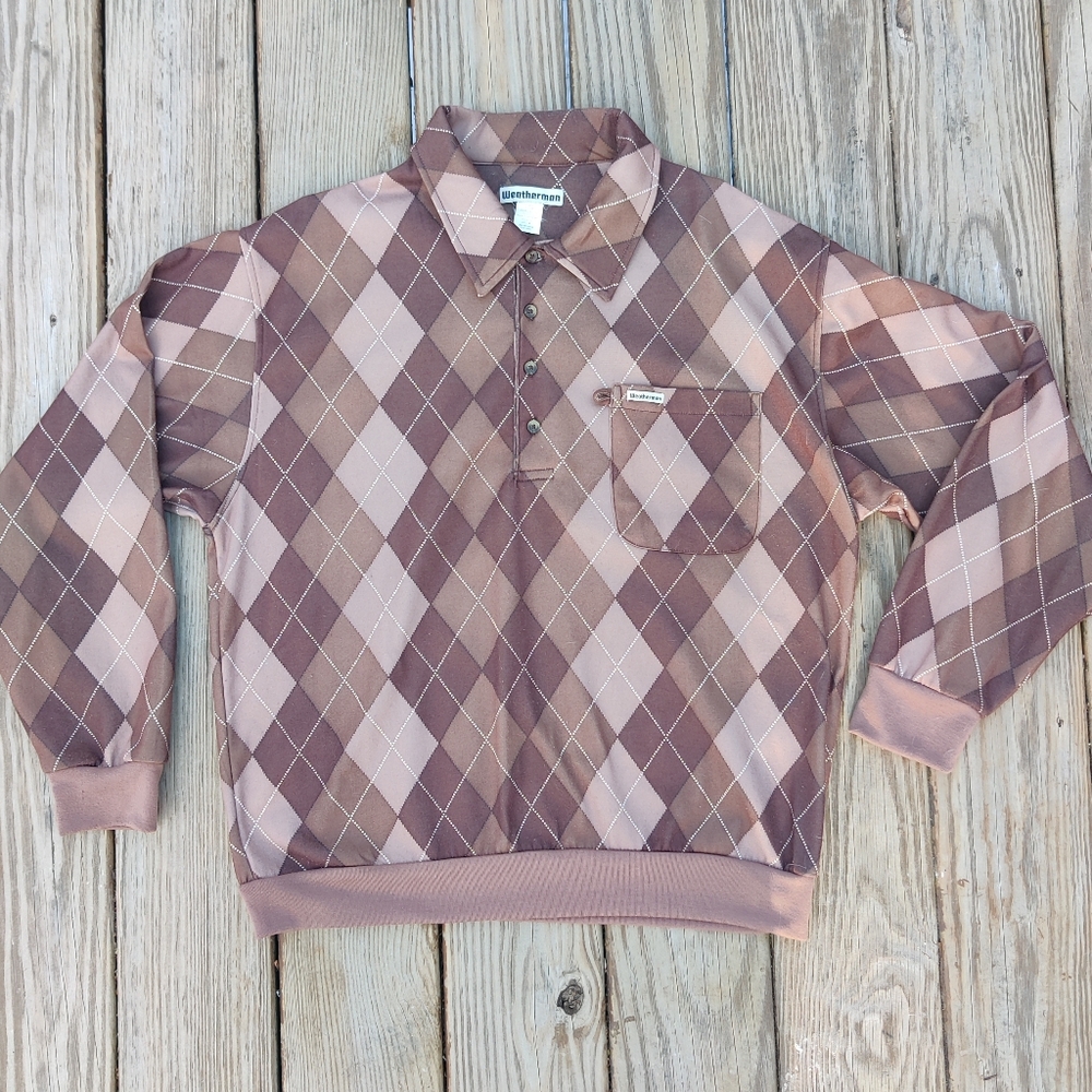 70s 80s Argyle Polo Shirt Men's L Browns Weatherman Grandpa Fleece Preppy Golf